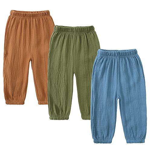 Image of Kids Tales 3 Pack Boys Girls Cotton Linen Pants Child Basic Plain Solid Trousers Big Kids Elastic Waist Long Pants Bloomers