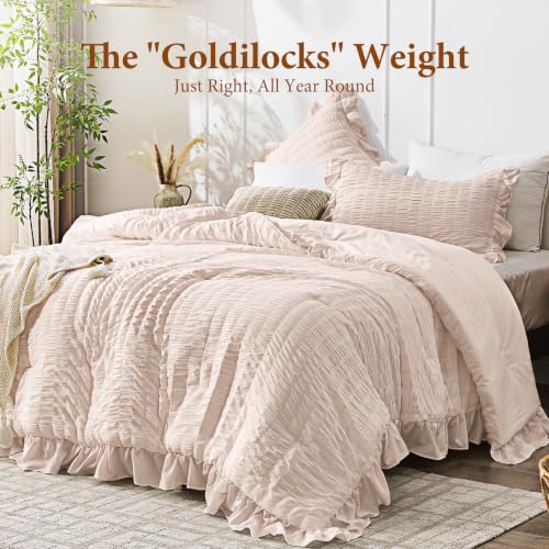 Image of JOLLYVOGUE Beige King Comforter Set, 3 Pieces Seersucker Comforters King Size, Lightweight & Fluffy Bedding Sets for All Season with 1 Ruffle Comforter and 2 Ruffle Pillowshams