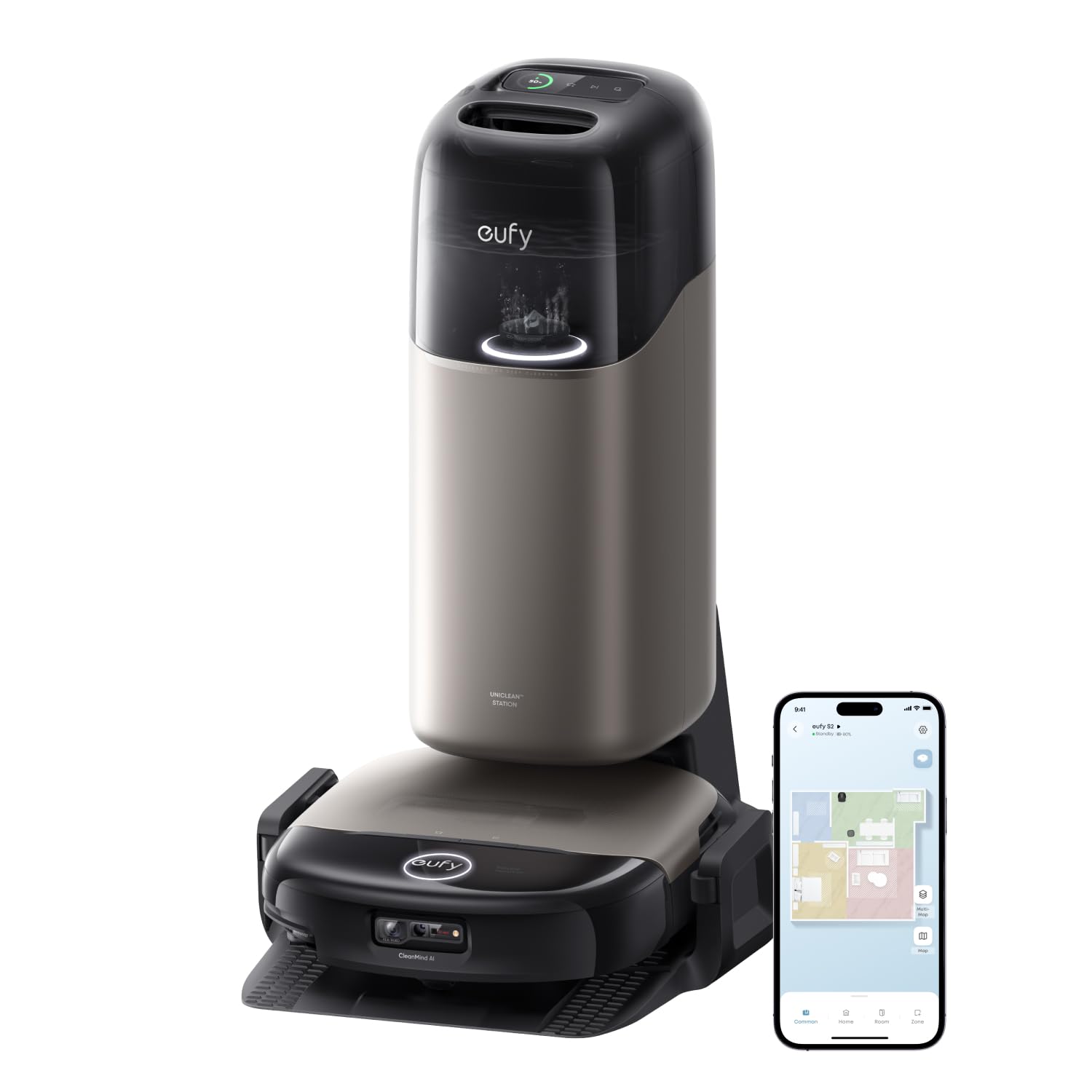 eufy Robot aspirateur Laveur Omni S2 avec Station UniClean™ 12-en-1 | 30 kPa, AeroTurbo™ 2.0, HydroJet™ 2.0, nettoyage écologique à l'eau électrolysée, coins et rebords, brosses DuoSpiral™