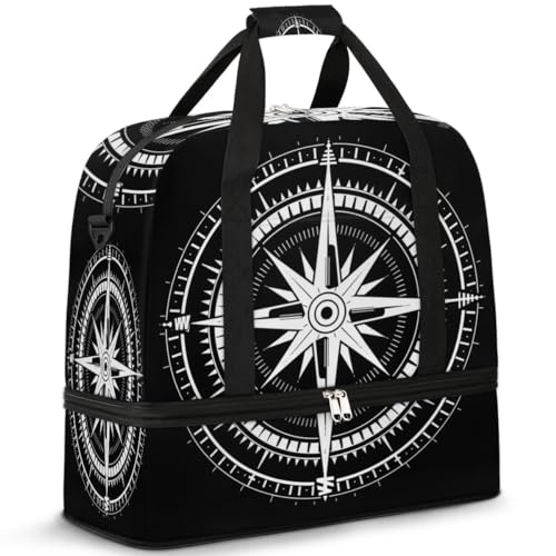 Travel Duffel Bag with Shoe Compartment, White Compass Shoulder Weekender Bags for Women, Foldable Waterproof Travel Bag Carry on Bag