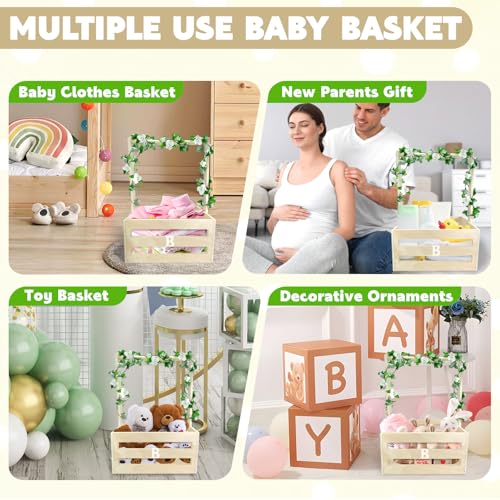 Image of Wooden Baby Shower Crate Closet with Hanger Rack,Baby Baskets,Baby Shower Baskets with Handles & Garland for Newborn Boys Girls,Pregnancy Gifts for New Parents