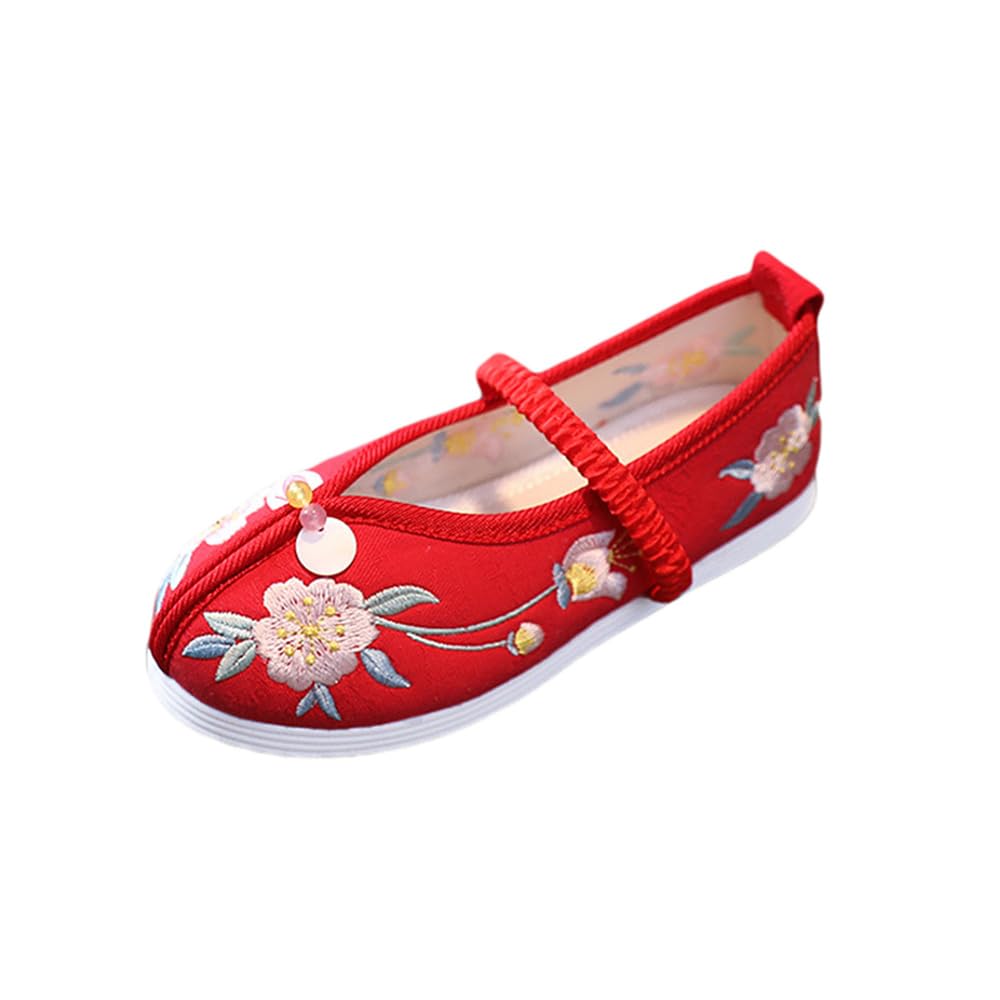 Girls Floral Embroidery Flats Cloth Shoes Slip on Chinese Traditional Retro Hanfu Dress