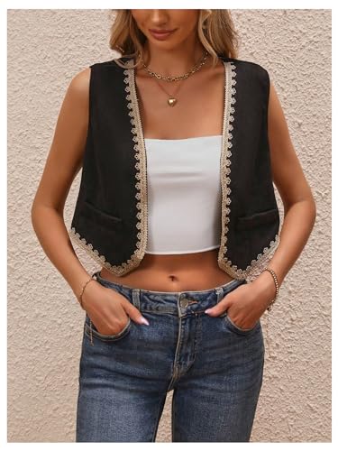 GORGLITTER Women's Embroidered Vest Western Sleeveless Lace Open Front Vintage Cropped Cowgirl Vest3