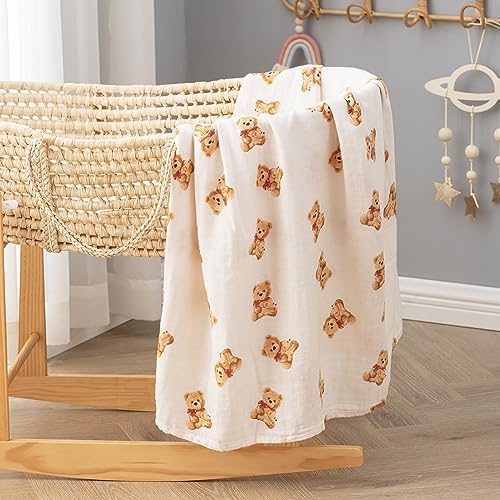 Image of BabyWhale Muslin Swaddle Blankets for Boys & Girls Unisex, 2-Pack Viscose from Bamboo Cotton Large Baby Swaddle Blankets (47 inch x 47 inch), Bear & Checkered Coffee Pattern