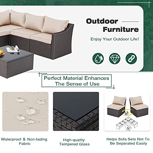 Erommy 7 Pieces Outdoor Patio Furniture Set, Sectional Pe Rattan Conversation Set, Sofa Set With Glass Table, Cushions And Pillows, Patio Sofa For Garden, Lawn, Balcony,Beige #TOP2