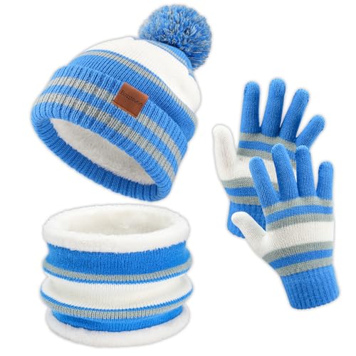 Image of Kids Winter Hat Gloves Scarf Set: Girls Boys Beanie Fleece Lined Ages 6-10