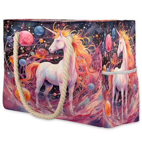 Unicorn Planet Colorful Women's Large Beach Bag Waterproof and Sand-proof Canvas Tote Lightweight Shoulder Bag Suitable for Pool Beach Travel Holiday Gym Yoga Care
