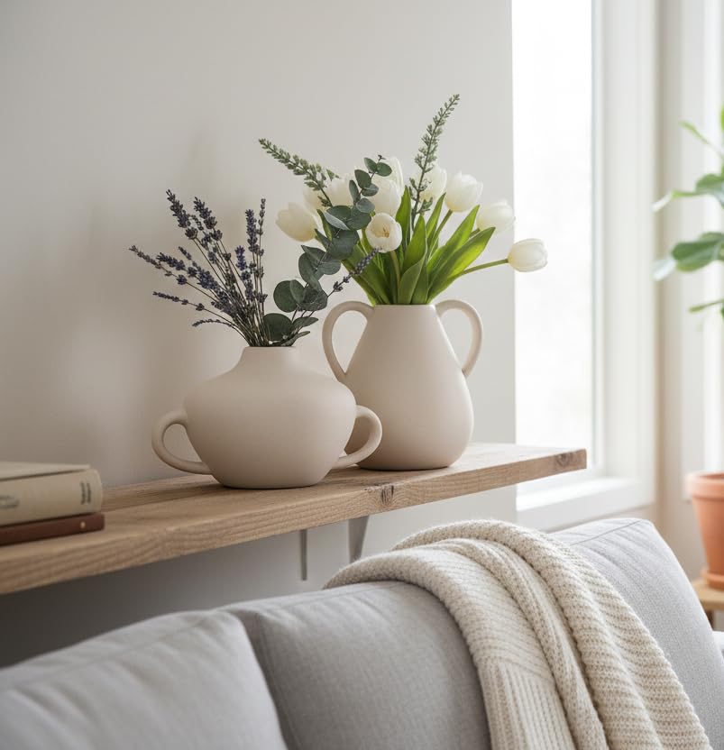 Ceramic Vase Set, Beige, Double Handle Design, Modern Minimalist Decor, Set of 2 White, Textured Ribbed Design, Modern Minimalist Home Decor, Decorative Vases-image-15