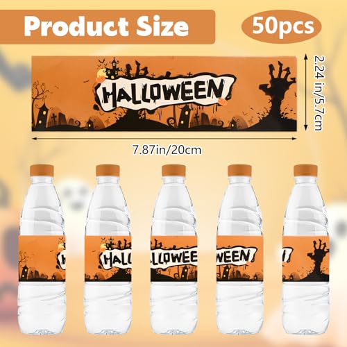 URROMA 50 Pcs Halloween Water Bottle Labels,Retro Style Pumpkin Colour Stickers Drinks Wrappers for Halloween Party Favors Decor Supplies - Image 2