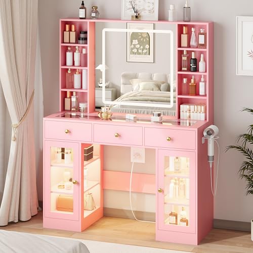 Image of Pink Vanity Desk with Mirror and Lights, Glass Top Vanity with Lighted Mirror & RGB Cabinet and 3 Drawers, Dressing Table with 8 Shelves, Makeup Desk with Lights for Girls Bedroom, 3 Color Modes