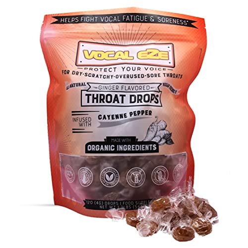 Vocal Eze Ginger Cayenne Cough Drops | Lozenges to Relieve Sore, Hoarse, Fatigue, Dryness of Throat | Voice Support, All Natural and Organic Ingredients (VeganFriendly) (120)