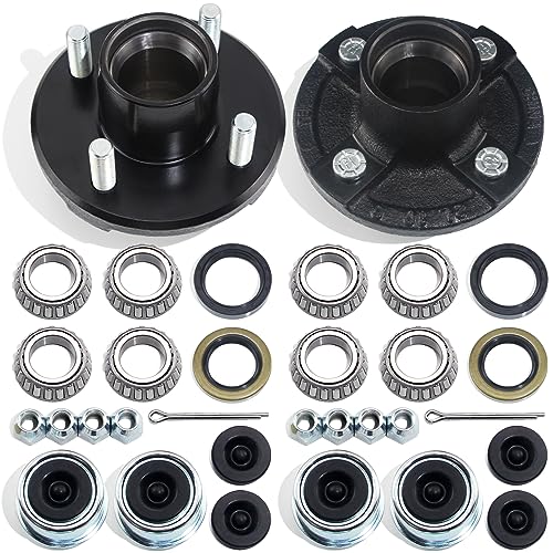 GREPSPUD 2 Sets 4 on 4 Trailer Hub Kit for 2000 lbs 1 or 1-1/16 Trailer Straight Axle 4x4 Trailer Idler Hub Kit 4 Bolt Fits 1 and 1-1/16 Spindle Trailer Hub Kit with Extra Cap & Rubber Plug