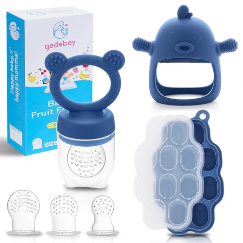 Image of Baby Fruit Feeder & Breastmilk Popsicle Molds – (3-Pack) Teething Relief Set with Mesh & Silicone Pacifiers, Freezer Tray, Food Feeder for 0–12 Months, BPA Free – (Steel Blue)
