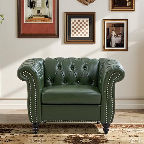 Image of LEVNARY Chesterfield Armchair, Tufted Leather Accent Chair, Mid-Century Modern Single Chair with Rolled Arms and Nailhead Trim, PU Leather Reading Chair for Living Room (Green)