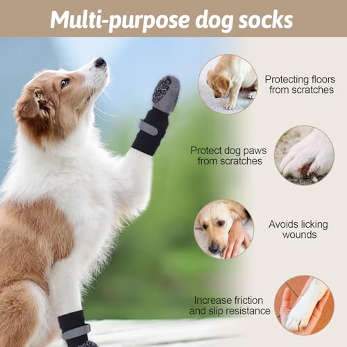 4 Stück Hundesocken Anti Rutsch, Antirutschsocken Hund, Hunde Socken Antirutsch, Hundesocken Leckschutz, Leckschutz Pfotenschutz Hund, Verstellbarem Klettverschluss, für Innen- und Außeneinsatz(XL)