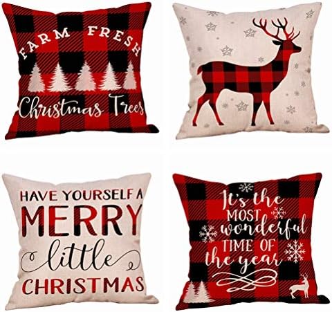 4 Pack Farmhouse Christmas Red Black Buffalo Plaids Throw Pillow Case Have Yourself A Merry Little Christmas Quotes Deer Snowflake Xmas Trees Holiday Decorative Cushion Cover Cotton Linen 18x18 Inch