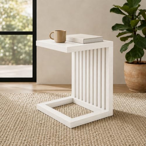 Image of Solid Sheesham Wood C Shape Side Table for Living Room | Modern Sofa End Table | Wooden Laptop Table for Bed | Coffee & Snack Table | Bedside End Table | White Brown Finish