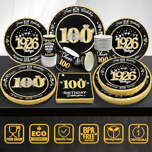 Image of 100th Birthday Decorations Black and Gold, Service for 30, Vintage 100th Birthday Party Supplies Includes Black Vintage 1926 Plates,Napkins,Cups, Plates and Napkins for Men Women