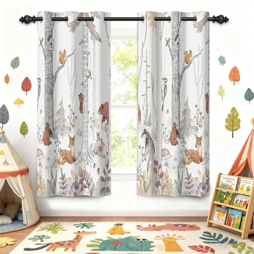 GICDSU Kids Blackout Curtains for Nursery, Boy's Woodland Animal Print Curtains for Bedroom, Cartoon Room Darkening Window Drapes 2 Panels Set, White,...