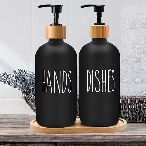Image of Sunrise Premium 16 OZ Thick Black Glass Soap Dispenser, Bamboo Pump with Tray 2 Pack, Hand and Dish Soap Dispenser Set for Bathroom with 6 Waterproof Labels