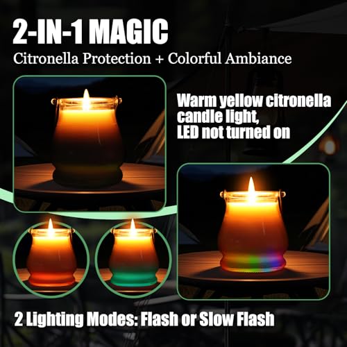 Citronella Candles Outdoor Color Changing LED, 14 oz Large Candle Lemongrass Scent, Portable Glass Jar Scented Candle, 40+ Hour Burn Time for Outdoor Patio Garden Camping Gear