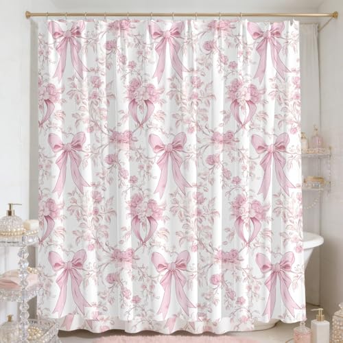 InIsaJace Pink Bow Shower Curtain Decor Pink and White Girly Shower Bath Tub Curtain Aesthetic Coquete Waterproof Bathroom Decor(72 X 72 Inches)