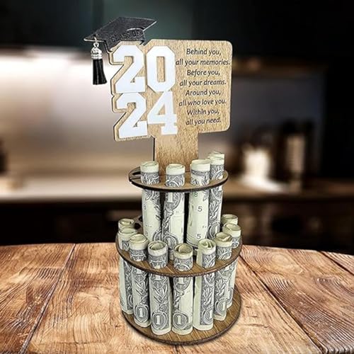 Graduation Gift Money Holder 2024Graduation Money Cake Double,Double-Layer Cash Holders with 25 Holes,Unique Wooden Graduation Money Holder Cash Gift Ideas for Graduation (White)4