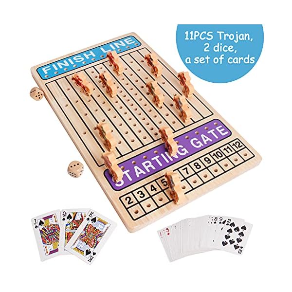 BEAUAM Horse Racing Board Game Wooden Challenge Toy Poker with 11 Durable Horses Dice & Cards for Kids Family Game Brain Teaser Gamble Game Chess