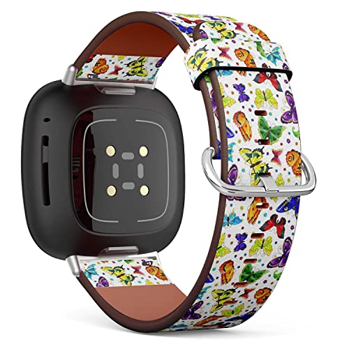 CJBROES Replacement Leather Watch Band, Compatible with Fitbit Versa 3 and Fitbit Sense of Wristband Bracelet Accessory - Bright Butterflies Flowers