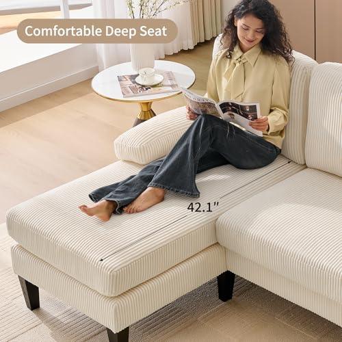 Image of 98 inch Sectional Couches for Living Room, U Shaped Couch with 18 inch Seat Height, 4 Seater Couch Set with Double Chaise for Apartment, Living Room Sofas, Corduroy, Beige