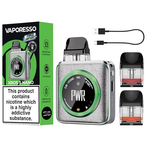 Vaporesso Xros 5 Nano Vape Kit [Damascus Silver] - Available in 8 colours - 2A Fast Charge 1600mAh Battery 30W 1.09 Touchscreen Airflow Control - Compatible with All Xros Pods - No Nicotine