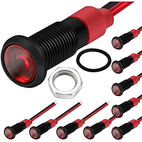 DaierTek 1/4" 12 Volt LED Indicator Light 6mm 12V Red Pilot Lamp IP67 Waterproof Aluminum Metal Material Marine Black Bezel with Wire Leads-10pcs Cover