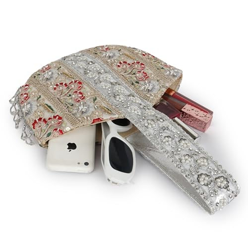 Image of Nevis Stylish Embroidery Unique Design Traditional Wedding Party Handheld Potli Bag for Women (Silver)