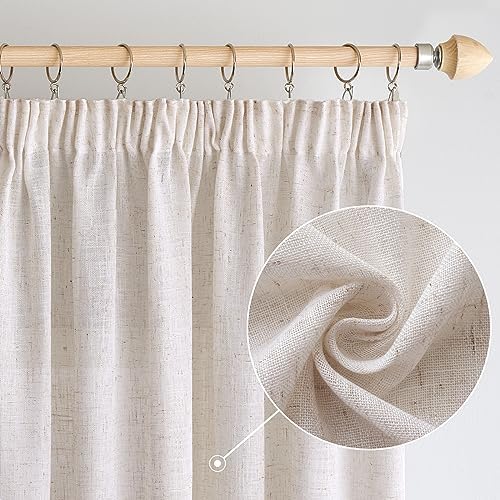 Woaboy Leinen Gardinen Vorhänge Kräuselband 2er 140x245cm Reinweiß | Leinenoptik und halbtransparentes Gewebe für Wohnzimmer und Schlafzimmer, moderne Stores mit weichem Licht.