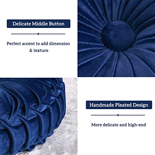 Image of HIG Set of 2 Decorative Round Pleated Throw Pillows, Classy Accent Pumpkin Throw Pillows with Center Button, Vintage Velvet Floor Pillows for Sofa Couch Vanity Chair Bed, Navy, 14.5 inch Diameter(Ripple)