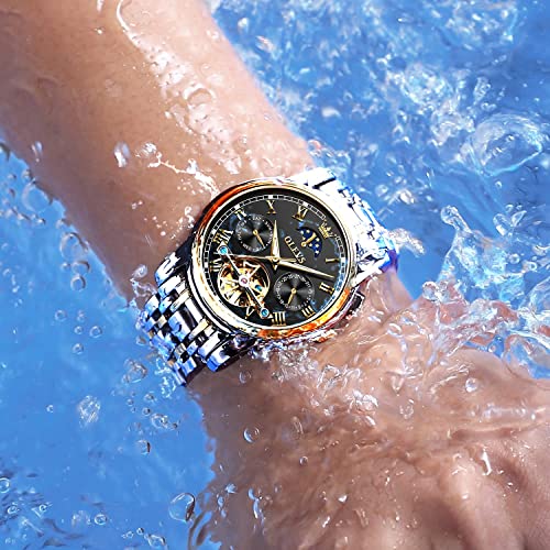 Image of OLEVS Self Winding Watches for Men Automatic Mechanical Skeleton Luxury Dress Waterproof Moon Phase Tourbillon Chronograph Stainless Steel Luminous Wristwatch