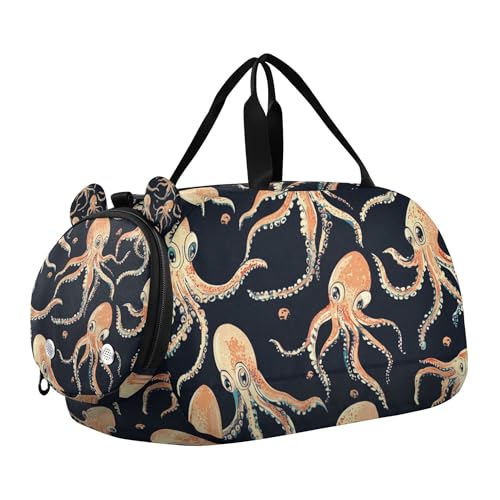 Glaphy Cute Squid Pattern Duffle Bag for Toddler Boys Girls, Gym Sports Bag with Shoe Compartments, Kids Travel Overnight Weekender Shoulder Bag