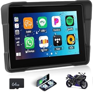 GOHHDL Moto Carplay Écran avec sans Fil Carplay Android Auto, 5 Pouces IP67 Étanche Portable pour Moto avec Navigation Siri Bluetooth Trans Airplay Android Cast EQ +64G TF Card