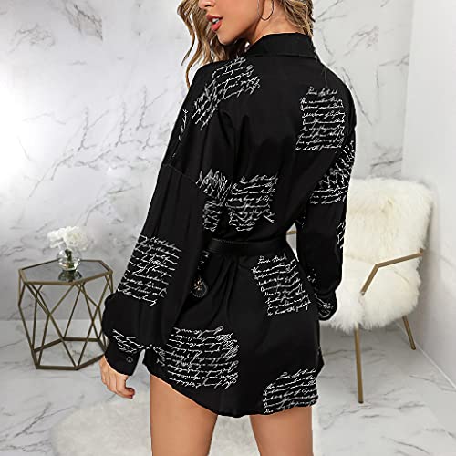 Image of Glozeplus Long Sleeve Button Down Collar Mini Shirt Dress for Women | Trendy script print shirt dress.The button-down front and collared V-neck create a chic.Perfect for office or casual dates.