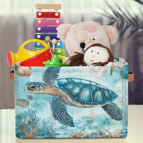 Image of Turquoise Turtle Storage Baskets for Organizing, Fabric Collapsible Storage Bins Box Ocean Seashell Decorative Toy Organizer Baskets for Closet Shelves Gift Basket 1 Pc