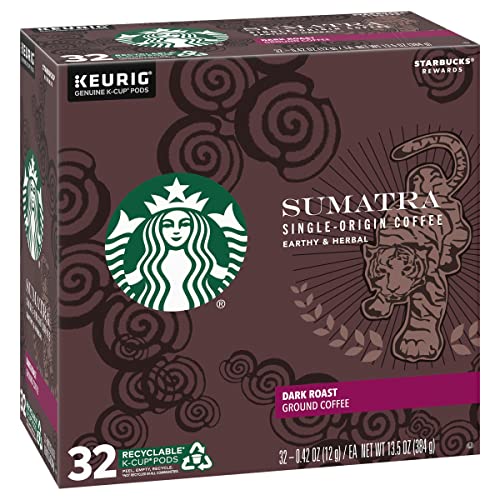 Image of Starbucks Coffee K-Cup Pods, Sumatra Single-Origin Coffee, Dark Roast Ground Coffee, Keurig Genuine K-Cup Pods, 32 CT K-Cup Pods Per Box (Pack of 3)