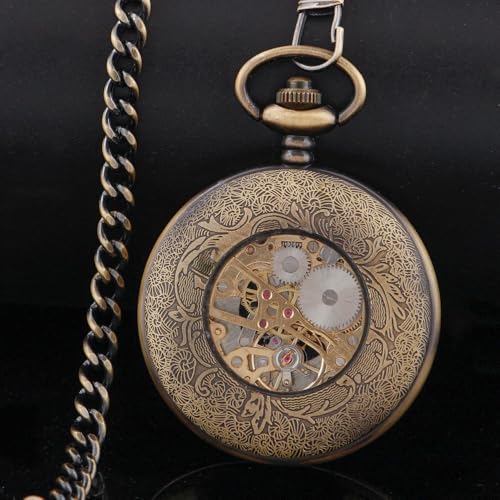 Image of Half Hunter Hand Wind Up Mechanical Pocket Watch Vintage Roman Numerals Skeleton Watches with Chain&Box