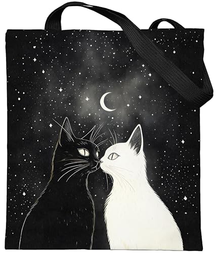 Preisvergleich Produktbild Loxato Stoffbeutel Bedruckt Katze mit Reißverschluss - Aesthetic Tasche - Stofftasche Damen - Stofftasche mit Reißverschluss - Jutebeutel Katze - Stoffbeutel Aesthetic