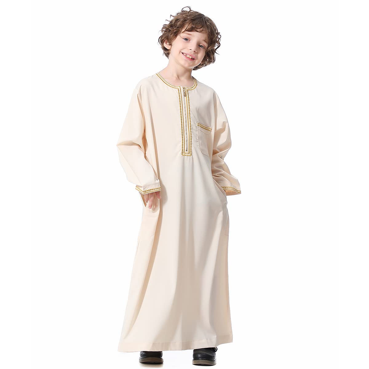 OBEEIIBoy's Muslim Arab Solid Color Thobe Long Sleeve Kaftan Embroidered Robe Islamic Arabic Abaya Thobe
