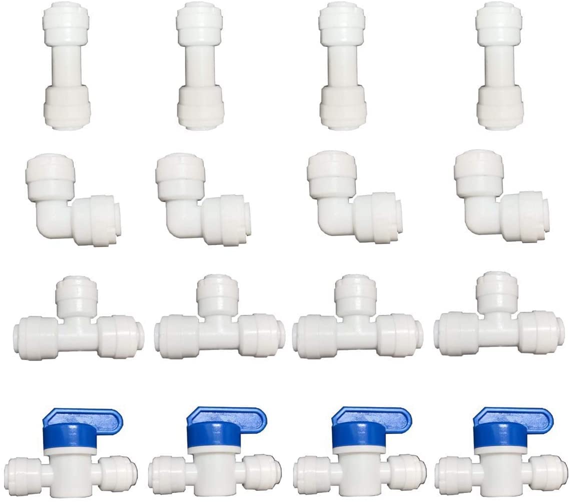 Wesell1/4" Quick Connector,Push to Connect Fitting Ball Valve ,Tee,Straight Union,Eblow Union Tube,for RO Systems, Filter,Water Purifiers 16Pcs(T+L+S+Valve)