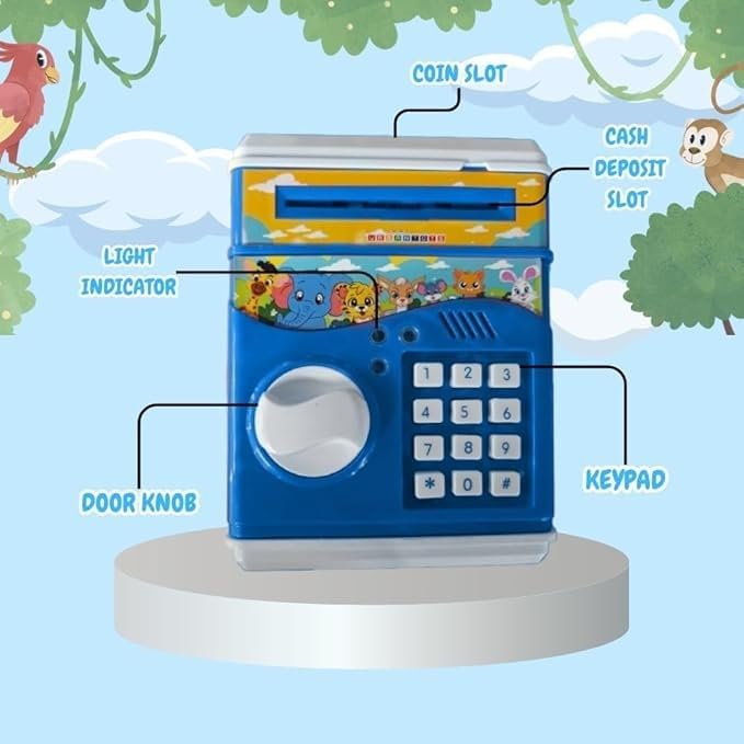 TOYIQ ATM Money Locker Piggy Bank Battery Operated Coin Bank with Automatic Door Open Electronics Security Lock & Password Key Toys for Kids (Blue) Colour 1