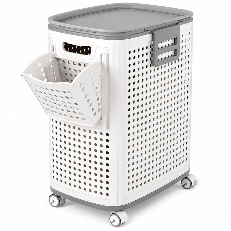 Homero 78L Plastic Laundry Basket with Lid, Wheels, Handle, White-Grey | 78L Laundry Basket with Lid, Wheels, Pull Handle, Breathable Plastic Storage Bin for Bathroom, Bedroom-image-45