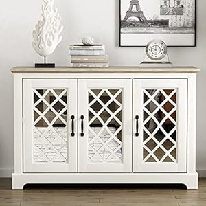 Galano millicent 3 door sideboard with acrylic mirrors kitchen buffet cabinet farmhouse coffee bar display cabinet for home kitchen living room dining room and hallway ivory knotty grey oak  urban country home decor