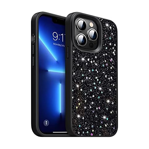 Feibili Compatible with iPhone 14 Stars Case, Soft Clear Flexible Rubber Pressed Dry Real Flowers Case Girls Glitter Floral Cover Clear case with Flowers for iPhone 14 (Black) Cover