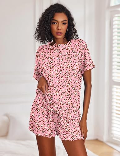 Image of Ekouaer Pajamas Set for Women Short Sleeve Lounge Set 2 Piece Loungewear PJs Soft Cute Lightweight Sleepwear